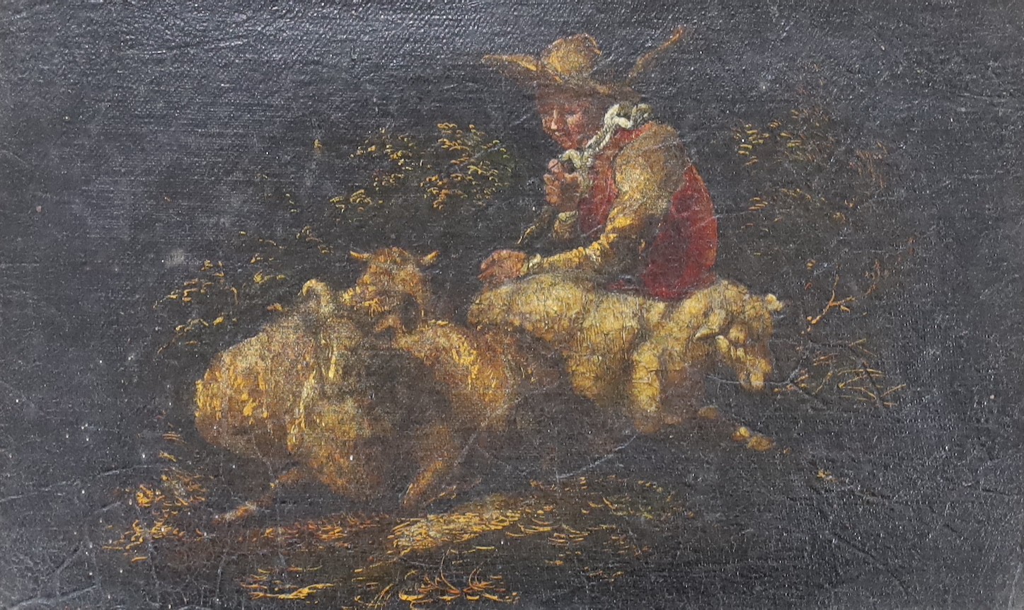 Early 19th century English School, oil on canvas heightened with gilt, Shepherd boy and sheep, 12 x 20cm